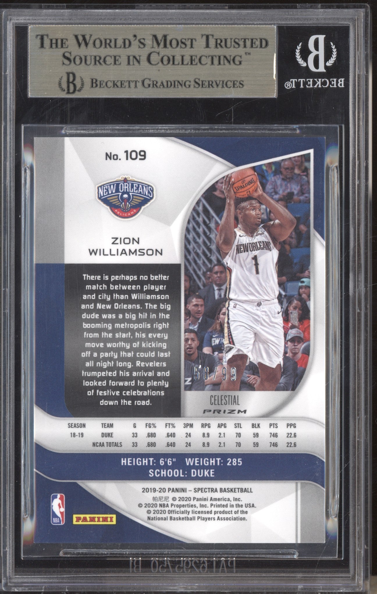 Zion Williamson 2019-20 Panini Spectra 109 Celestial  RC 58/99 BGS 9.5