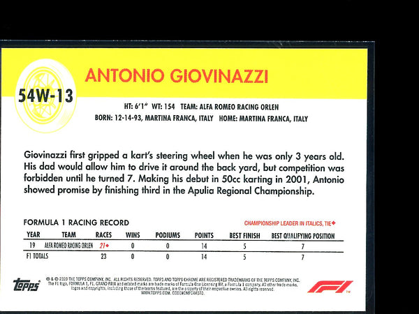 Antonio Giovinazzi 2020 Topps F1 Chrome 1954 World On Wheels