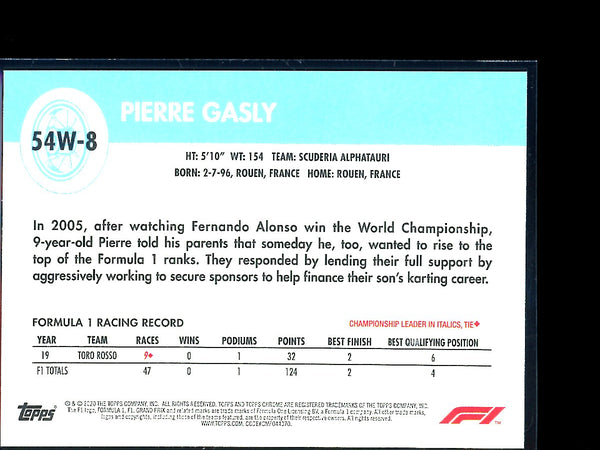 Pierre Gasly 2020 Topps F1 Chrome 1954 World On Wheels