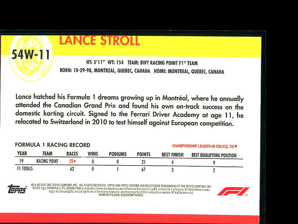 Lance Stroll 2020 Topps F1 Chrome 1954 World On Wheels
