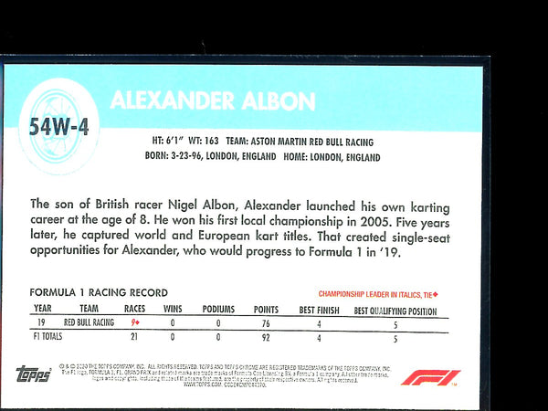 Alexander Albon  2020 Topps F1 Chrome 1954 World On Wheels RC