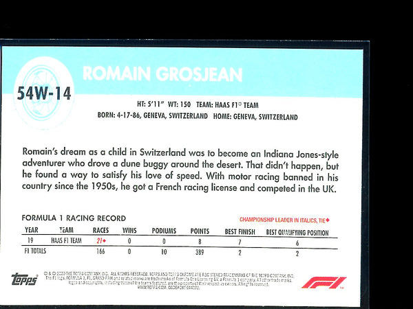 Romain Grosjean 2020 Topps F1 Chrome 1954 World On Wheels