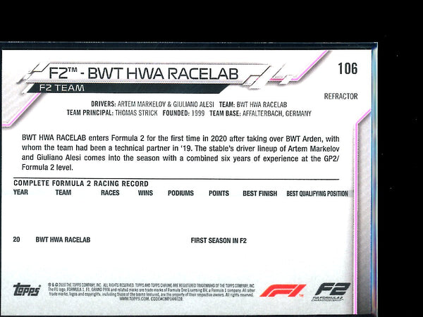 F2 - BWT HWA Racelab 2020 Topps F1 Chrome Refractor