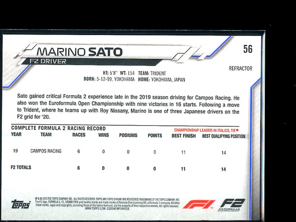 Marino Sato 2020 Topps F1 Chrome Refractor