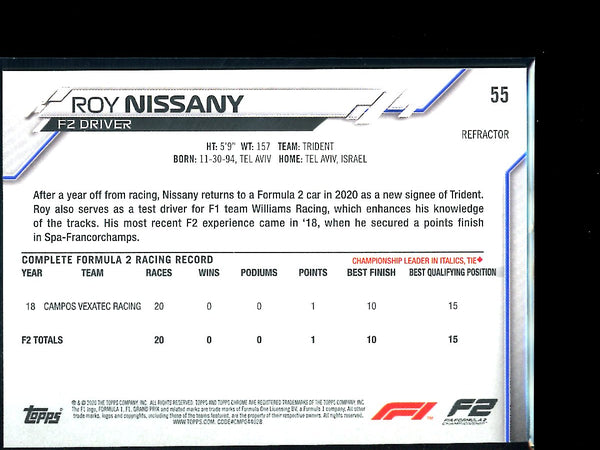 Roy Nissany 2020 Topps F1 Chrome Refractor