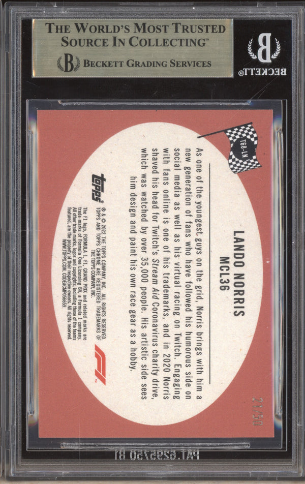 Lando Norris 2022 Topps Chrome Formula 1 T68-LN 1968 Topps Hot Rods Gold Wave 21/50 BGS 9.5