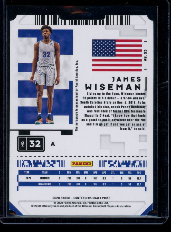 James Wiseman 2020 Panini Contenders Draft Picks Prospect Ticket RC 32/32