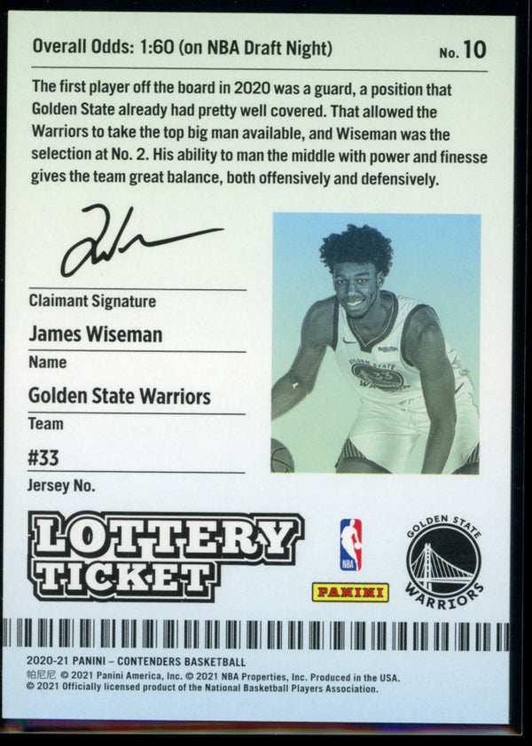 James Wiseman 2020-21 Panini Contenders Lottery Ticket RC