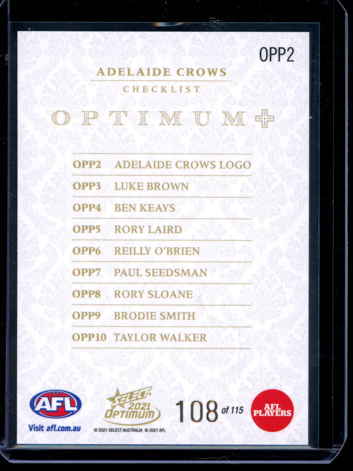 Adelaide Crows Checklist 2021 Select Optimum Plus Parallel 108/115