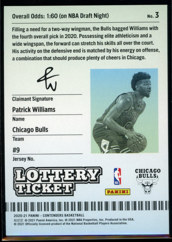 Patrick Williams 2020-21 Panini Contenders Lottery Ticket RC