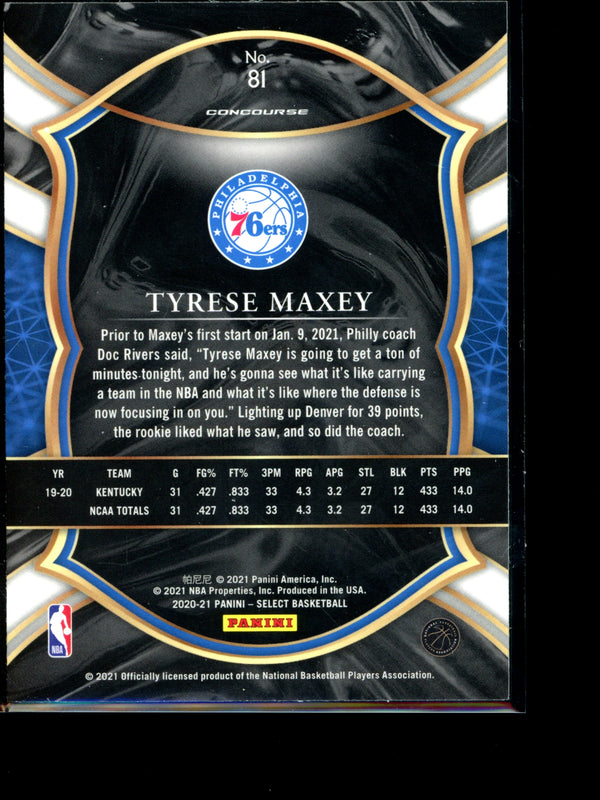 Tyrese Maxey 2021 Panini Select Concourse RC