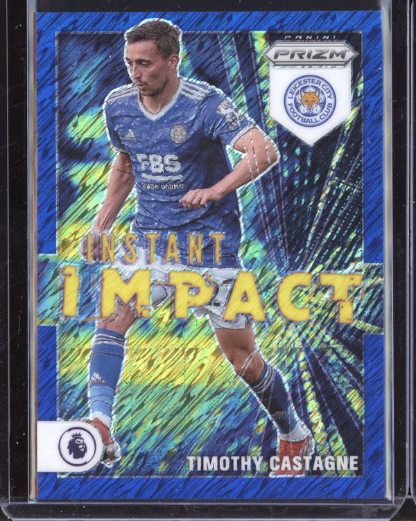 Timothy Castagne 2021-22 Panini Prizm Premier League Impact Blue Shimmer 3/8