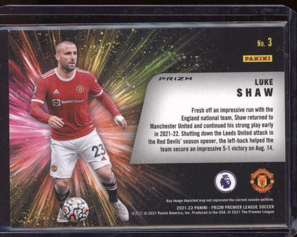 Luke Shaw 2021-22 Panini Prizm Premier League Fireworks Blue Shimmer 7/8