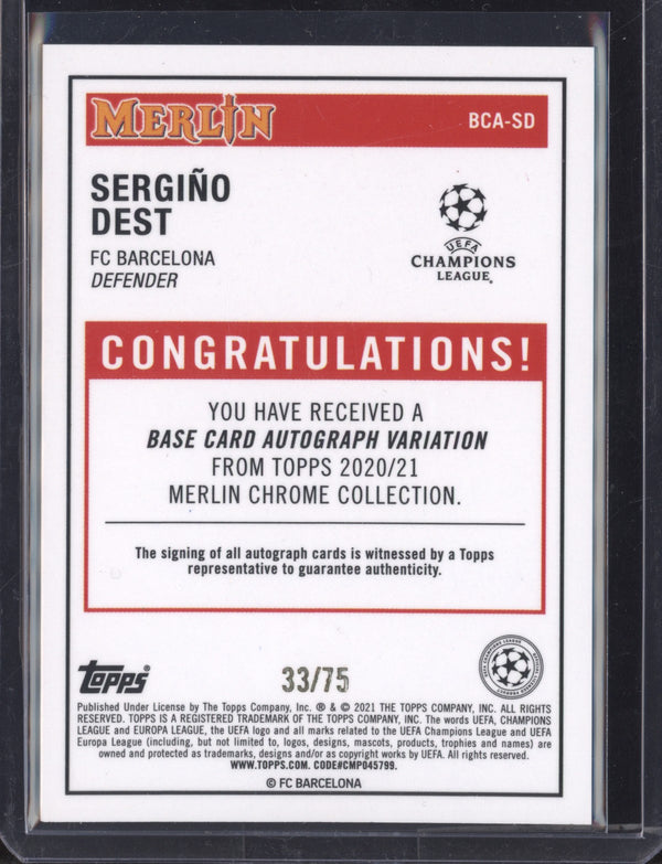 Sergino Dest 2020-21 Topps  Merlin UEFA Champions League Blue Chrome Autograph 33/75