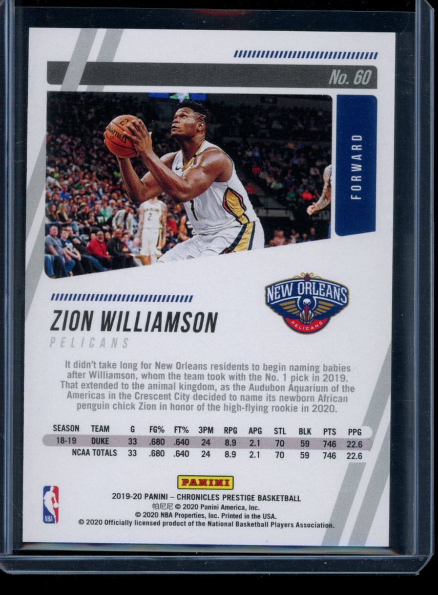 Zion Williamson 2019-20 Panini Chronicles Prestige Purple RC 26/49