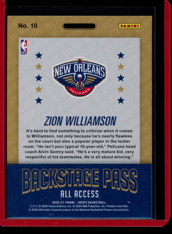Zion Williamson 2020-21 Panini Hoops Back Stage Pass