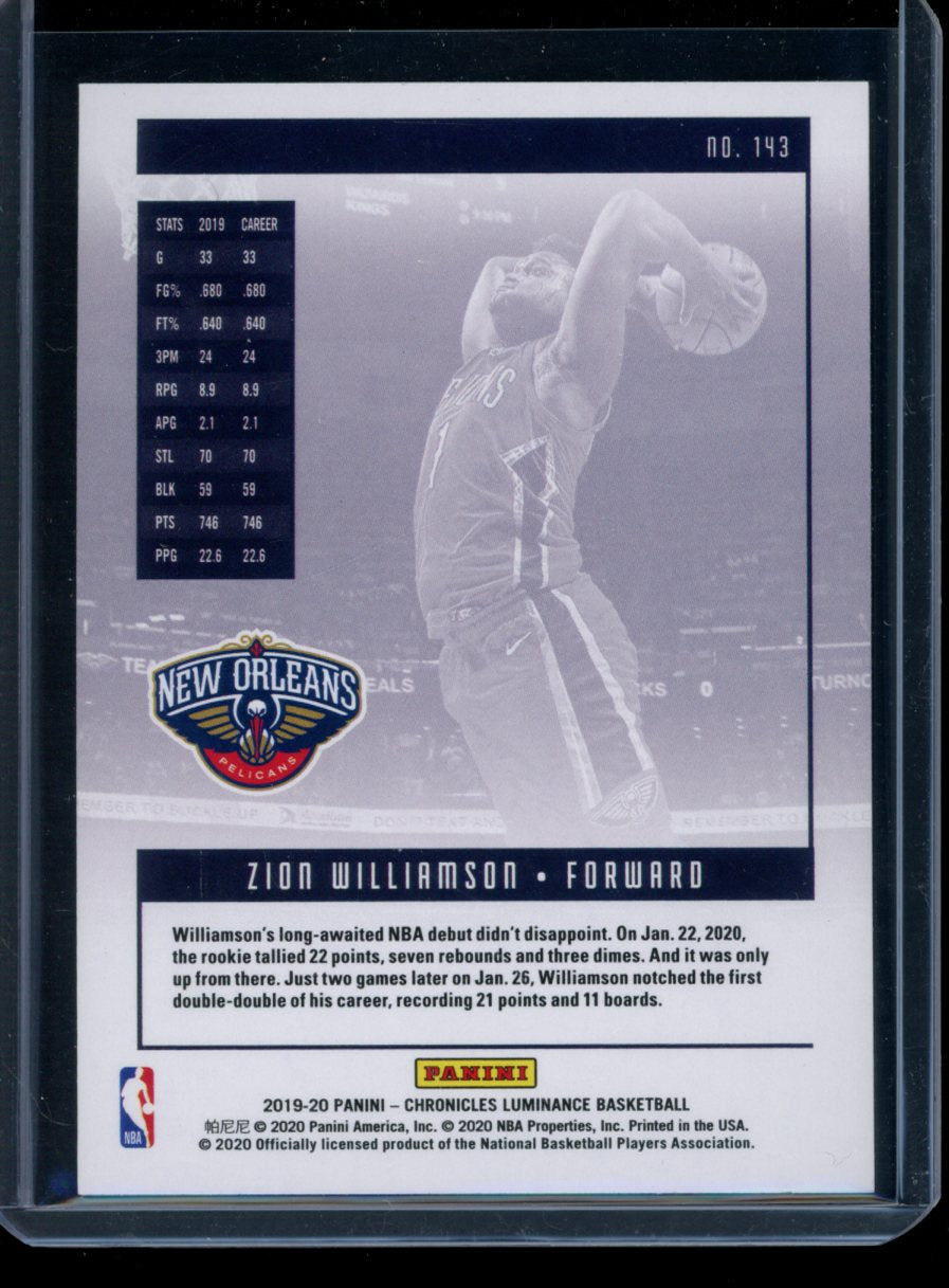 Zion Williamson 2019-20 Panini Chronicles Luminance RC