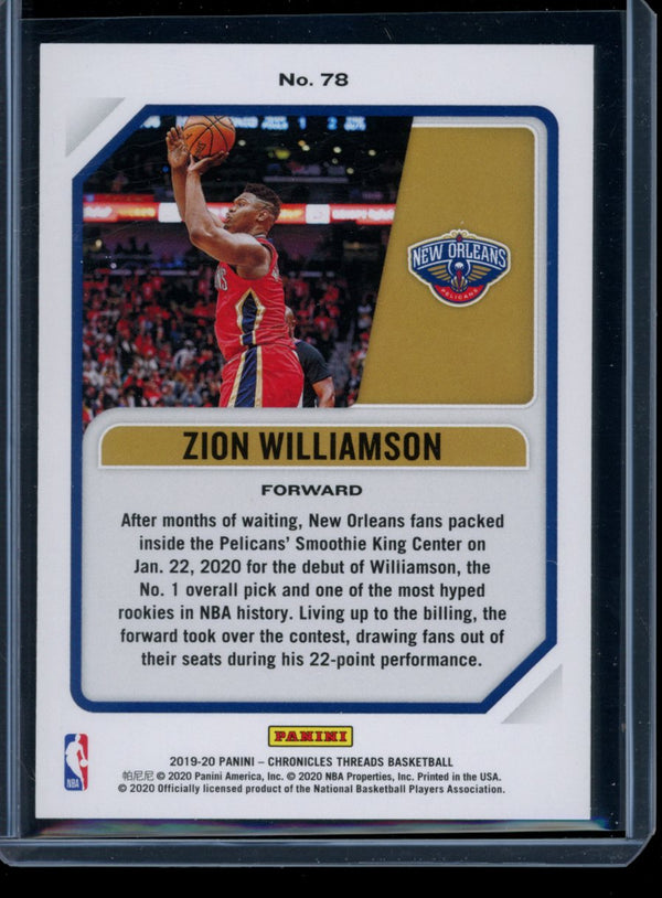 Zion Williamson 2019-20 Panini Chronicles Threads Bronze RC
