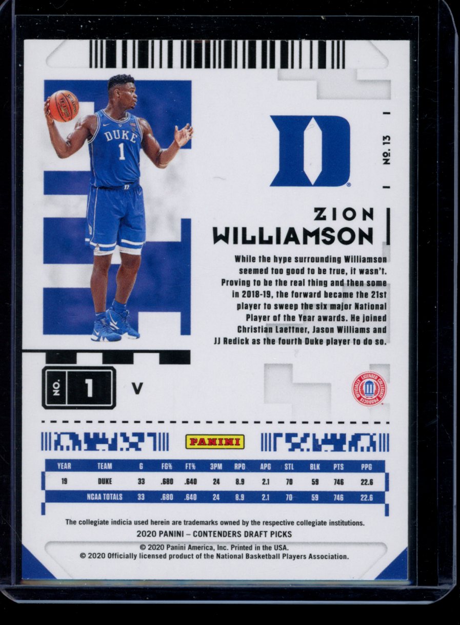 Zion Williamson 2020 Panini Contenders Draft Picks Campus Ticket Variation RC