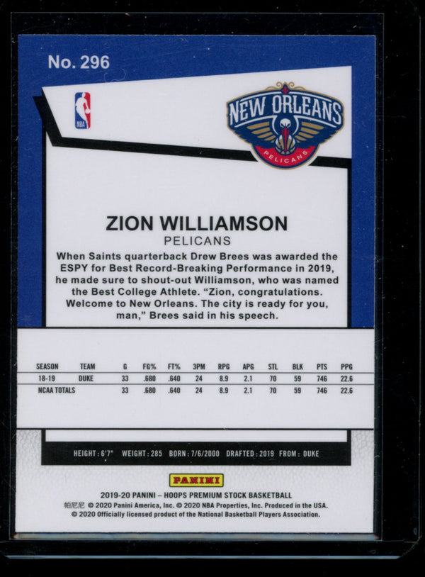 Zion Williamson 2019-20 Panini Hoops Premium RC