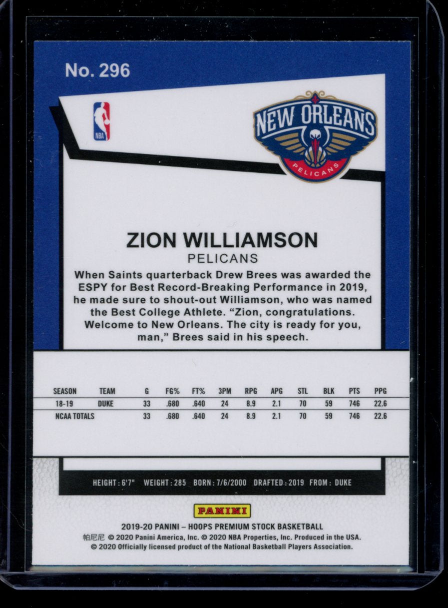 Zion Williamson 2019-20 Panini Hoops Premium RC