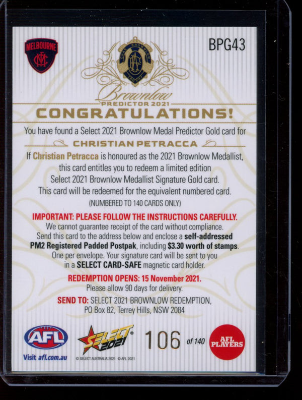 Christian Petracca Gold 2021 Select Footy Stars Brownlow Predictor 106/140