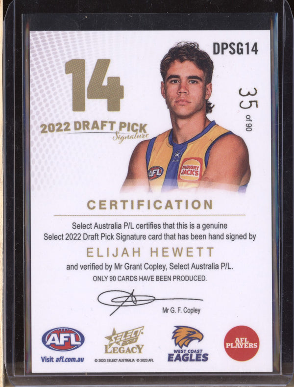 Elijah Hewett 2023 Select Legacy AFL DPSG14 Draft Pick Signature Gold RC 35/90