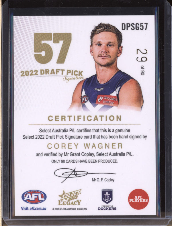 Corey Wagner 2023 Select Legacy AFL DPSG57 Draft Pick Signature Gold RC 29/90