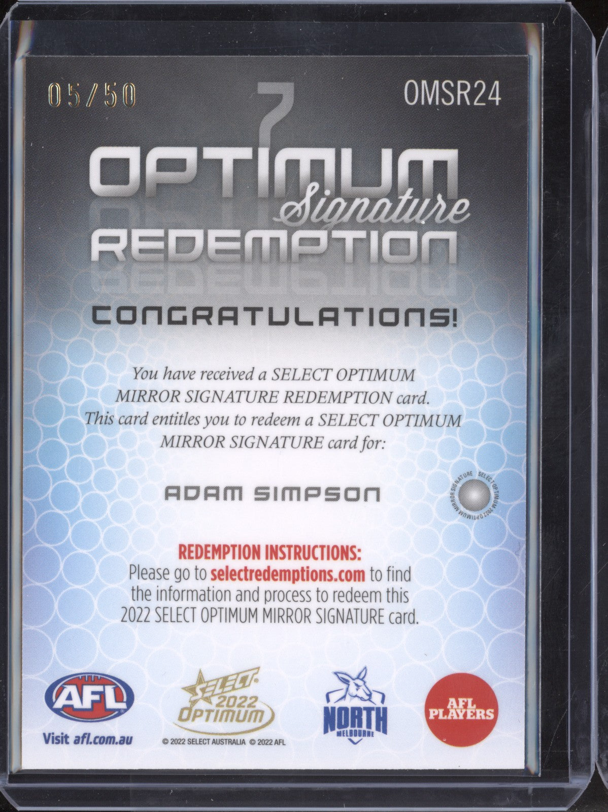 Adam Simpson 2022 Select Optimum OMSR24 Optimum Signature Redemption 05/50