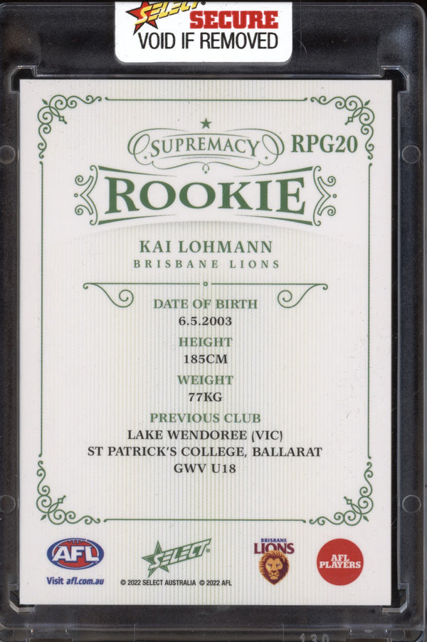 Kai Lohmann 2022 Select Supremacy Rookies RPG20 Platinum Green RC 14/25