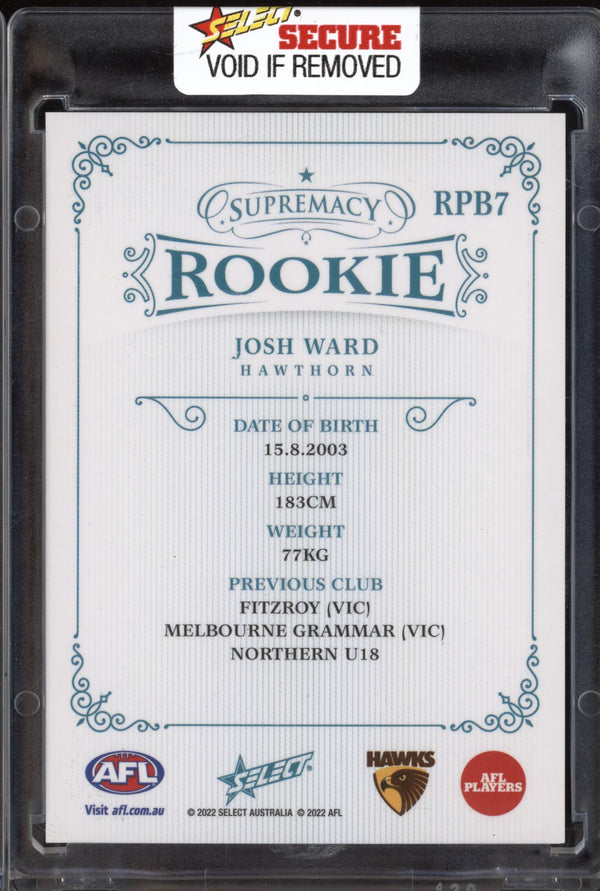 Josh Ward 2022 Select Supremacy Rookies RPB7 Platinum Blue RC 56/75