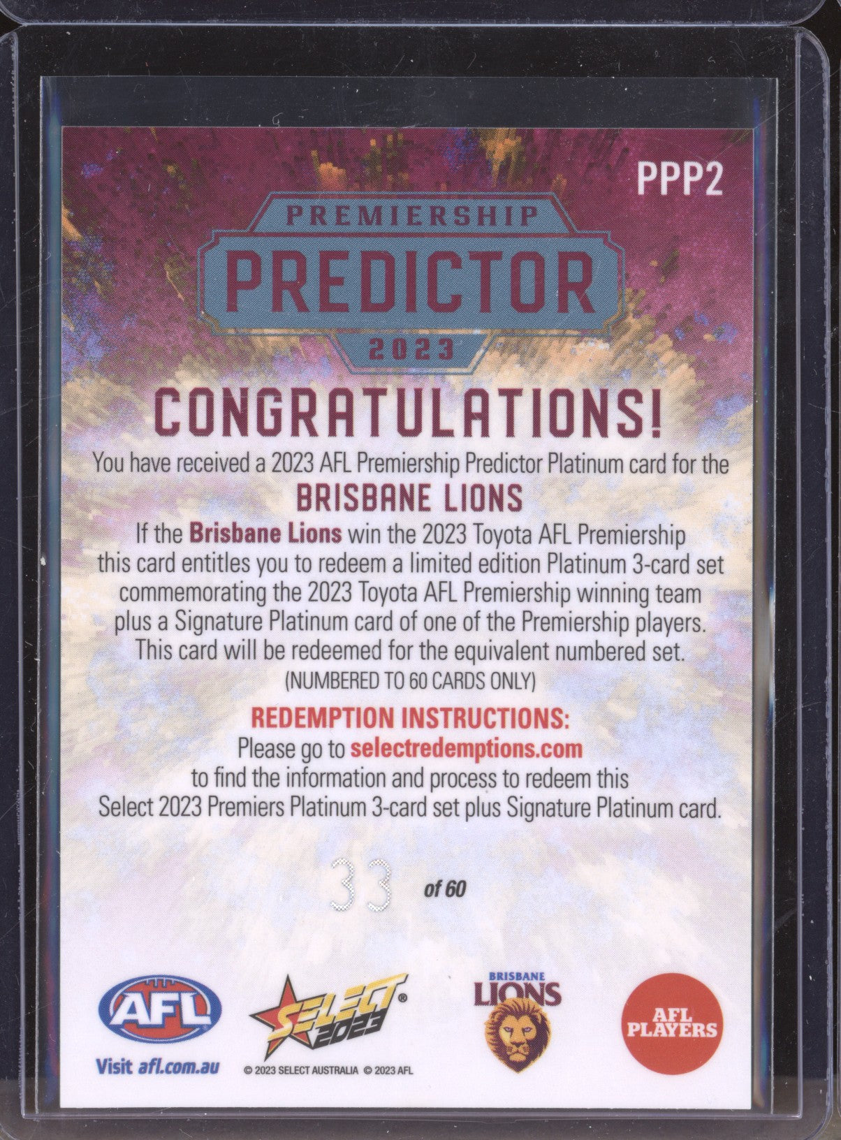 Brisbane Lions 2023 Select Footy Stars PPP2 Premiership Predictor Platinum 33/60