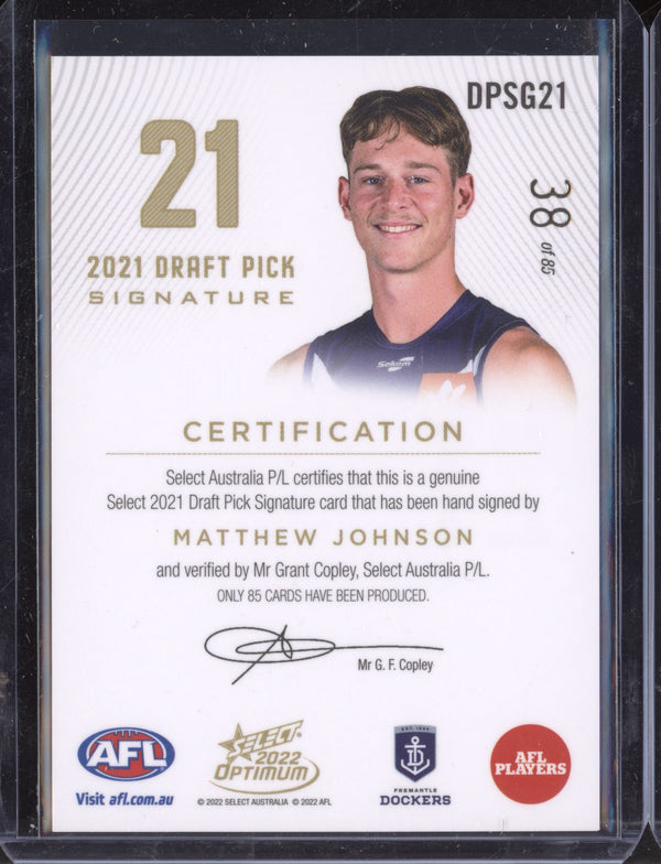 Matthew Johnson 2022 Select Optimum DPSG21 Draft Pick Signature Gold RC 38/85