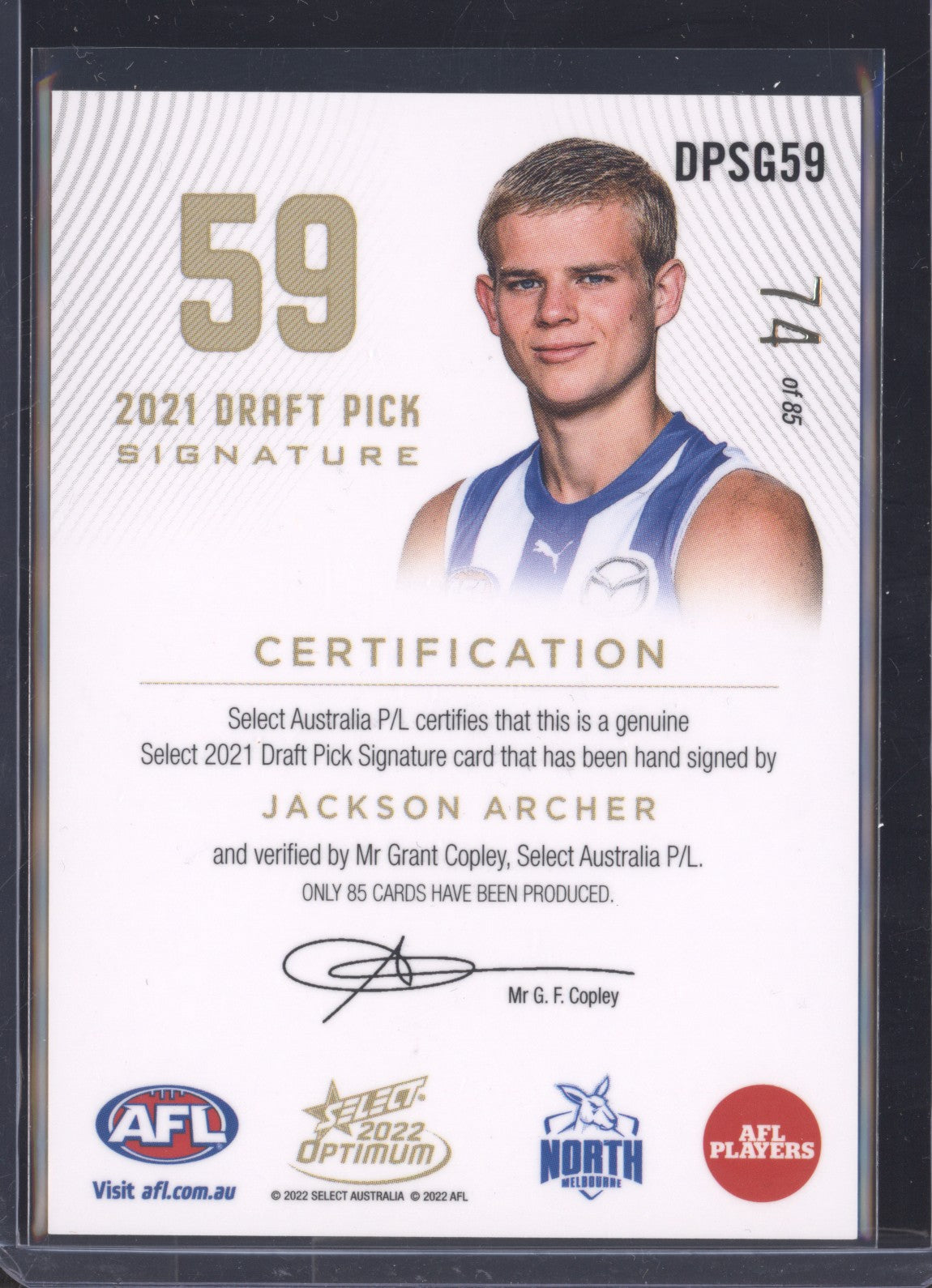 Jackson Archer 2022 Select Optimum DPSG59 Draft Pick Signature Gold RC 74/85