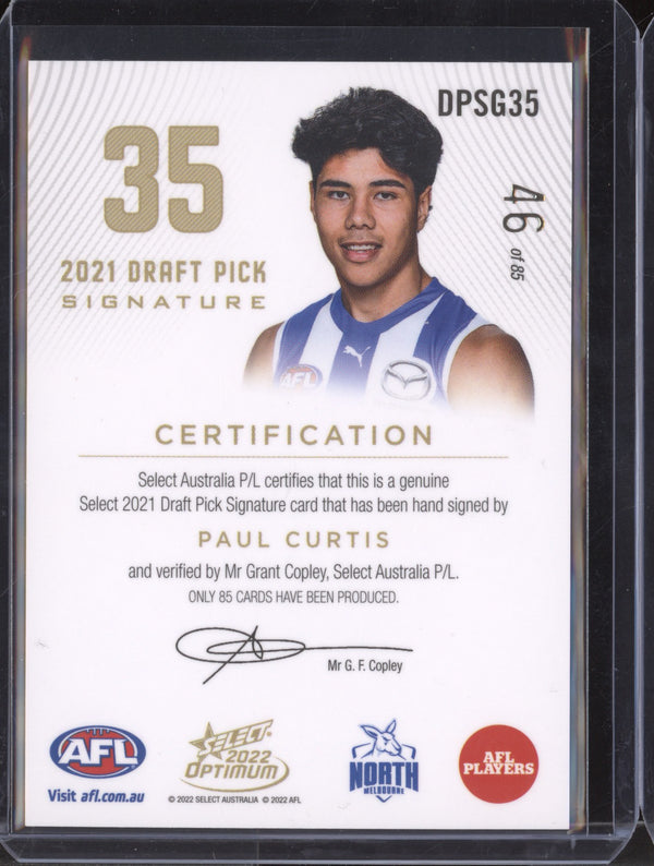 Paul Curtis 2022 Select Optimum DPSG35 Draft Pick Signature Gold RC 46/85