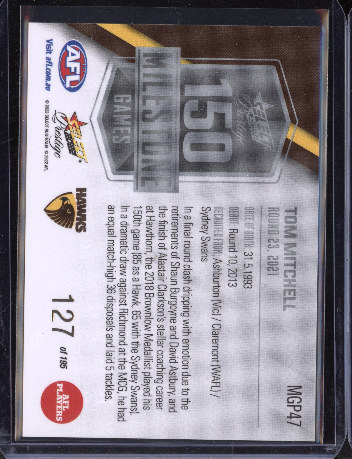 Tom Mitchell 2022 Select Prestige  150 Game Milestone 127/195