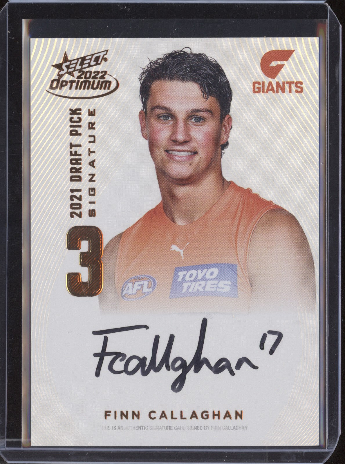 Finn Callaghan 2022 Select Optimum DPSC3 Draft Pick Signature Copper - Draft Number RC 003/170