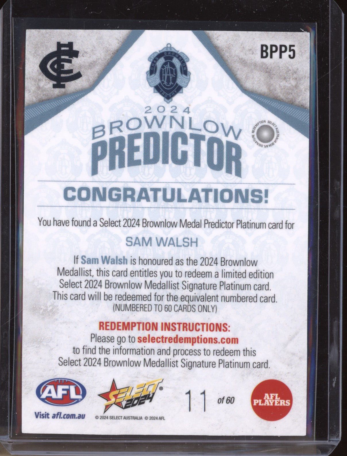 Sam Walsh 2024 Select Footy Stars BPP5 Brownlow Predictor Platinu, 11/60