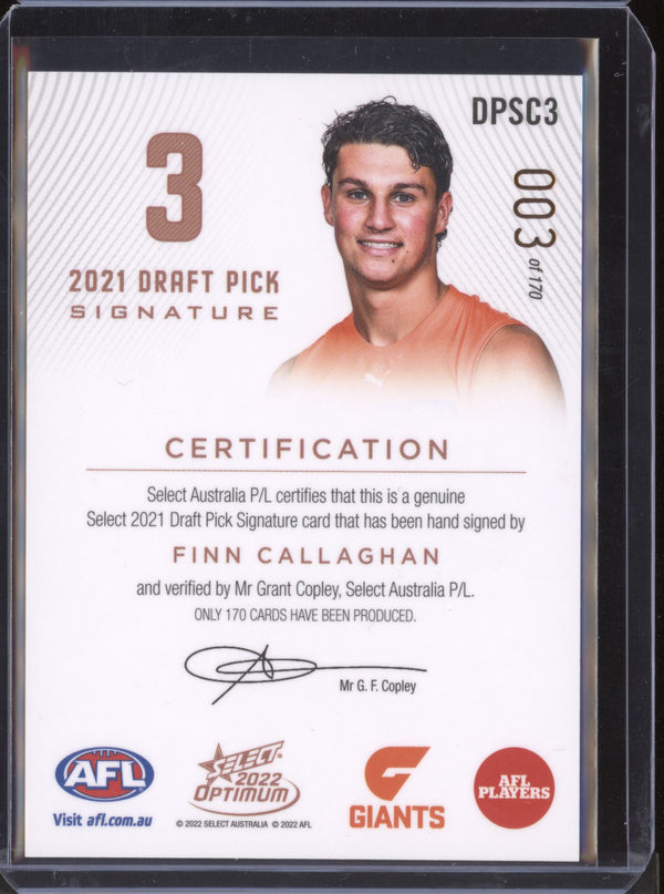 Finn Callaghan 2022 Select Optimum DPSC3 Draft Pick Signature Copper - Draft Number RC 003/170