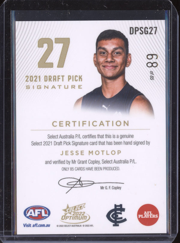 Jesse Motlop 2022 Select Optimum DPSG27 Draft Pick Signature Gold RC 68/85