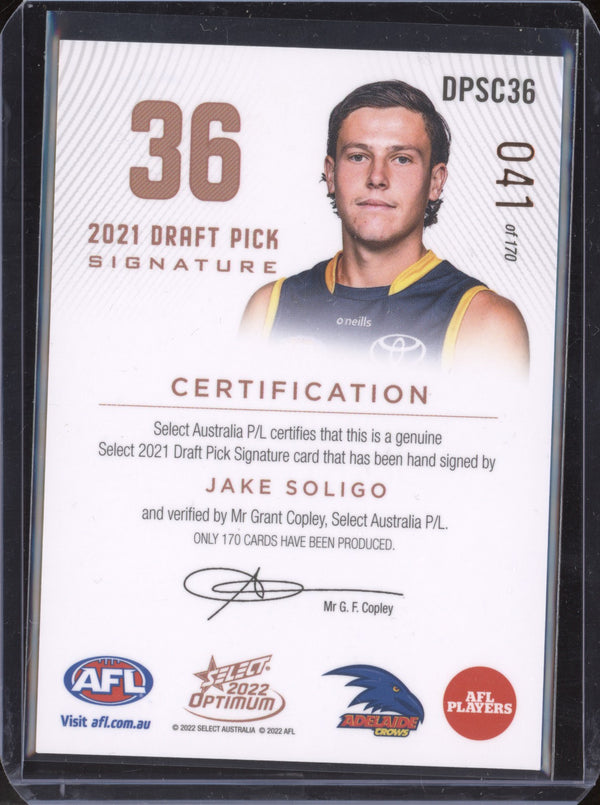 Jake Soligo 2022 Select Optimum DPSC36 Draft Pick Signature Copper RC 41/170