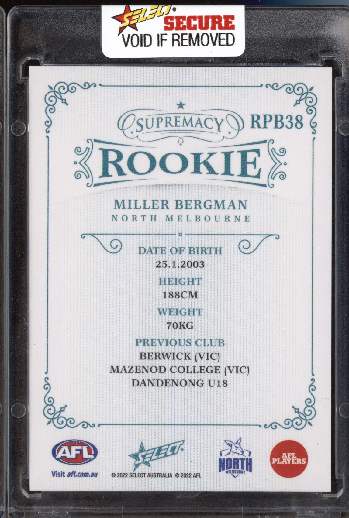 Miller Bergman 2022 Select Supremacy Rookies RPB38 Platinum Blue RC 58/75