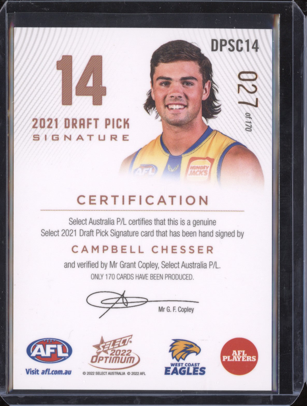 Campbell Chesser 2022 Select Optimum DPSC14 Draft Pick Signature Copper RC 27/170