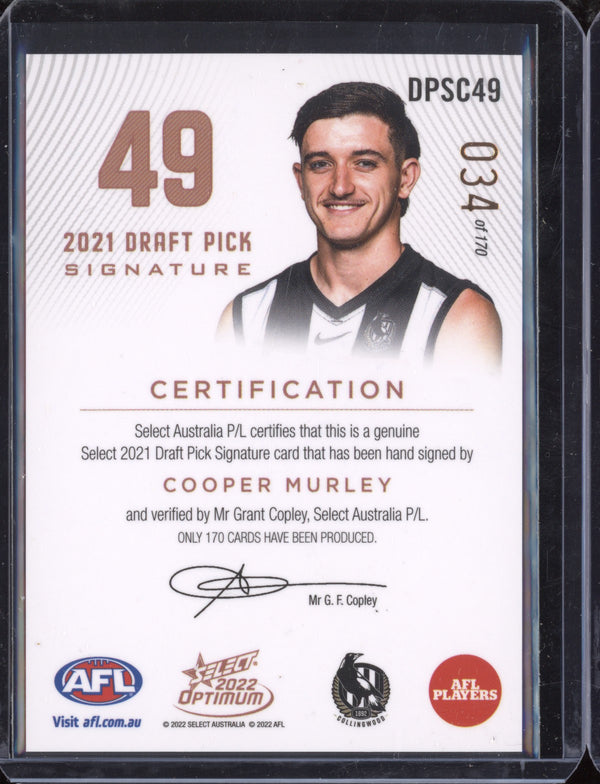 Cooper Murley 2022 Select Optimum DPSC49 Draft Pick Signature Copper RC 34/170