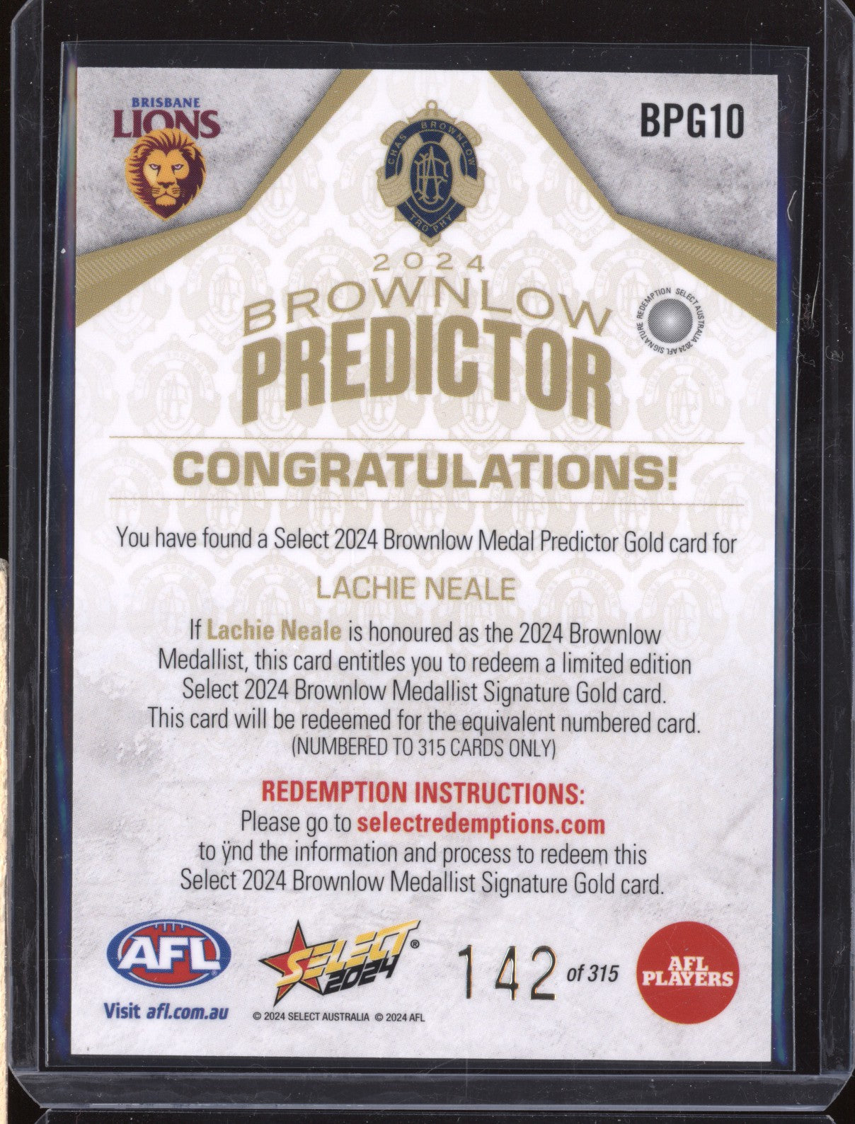 Lachie Neale 2024 Select Footy Stars BPG10 Brownlow Predictor Gold 142/315