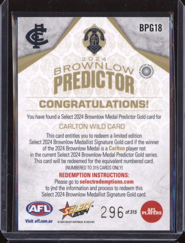 Carlton Wild Card 2024 Select Footy Stars BPG18 Brownlow Predictor Gold 296/315