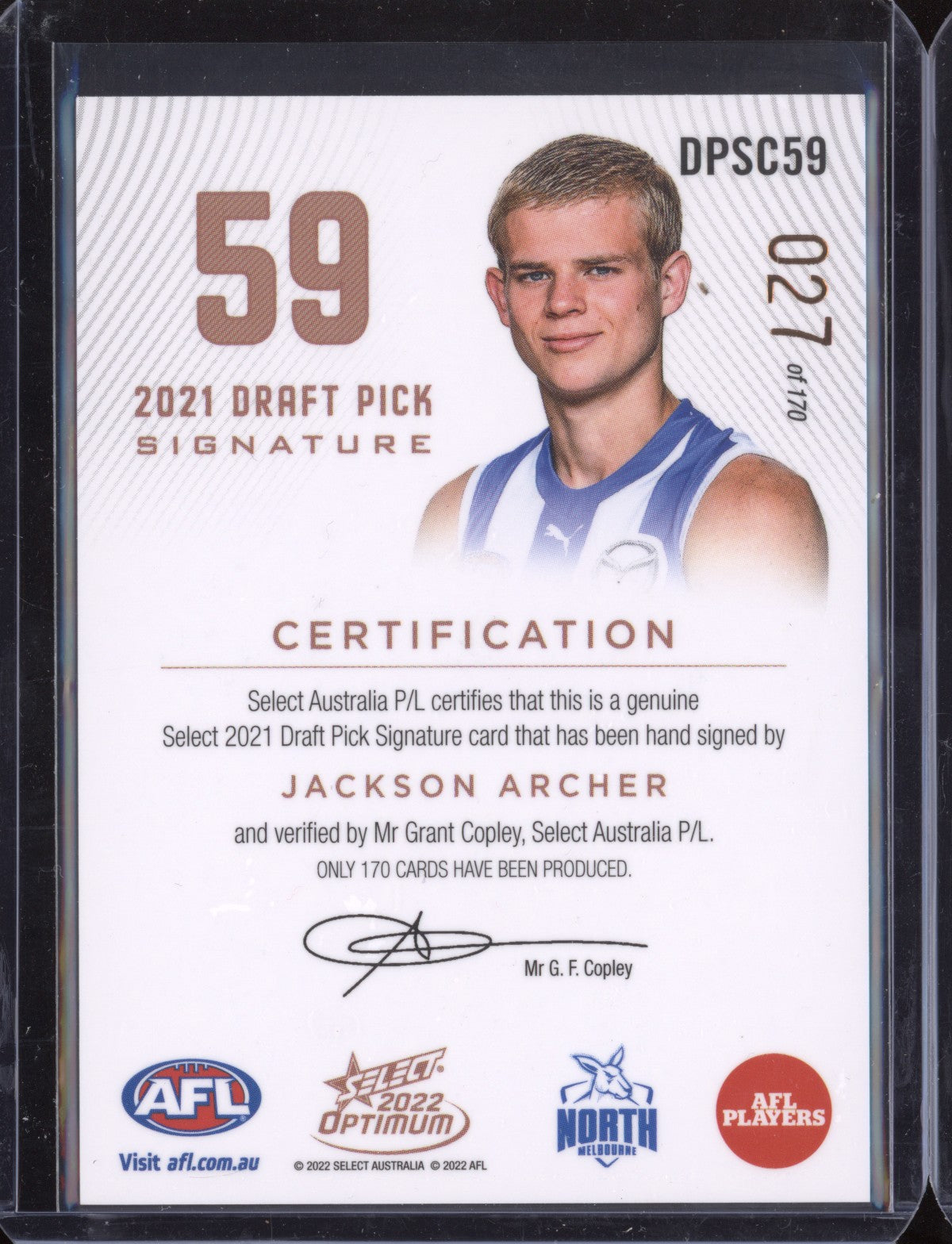 Jackson Archer 2022 Select Optimum DPSC59 Draft Pick Signature Copper RC 27/170