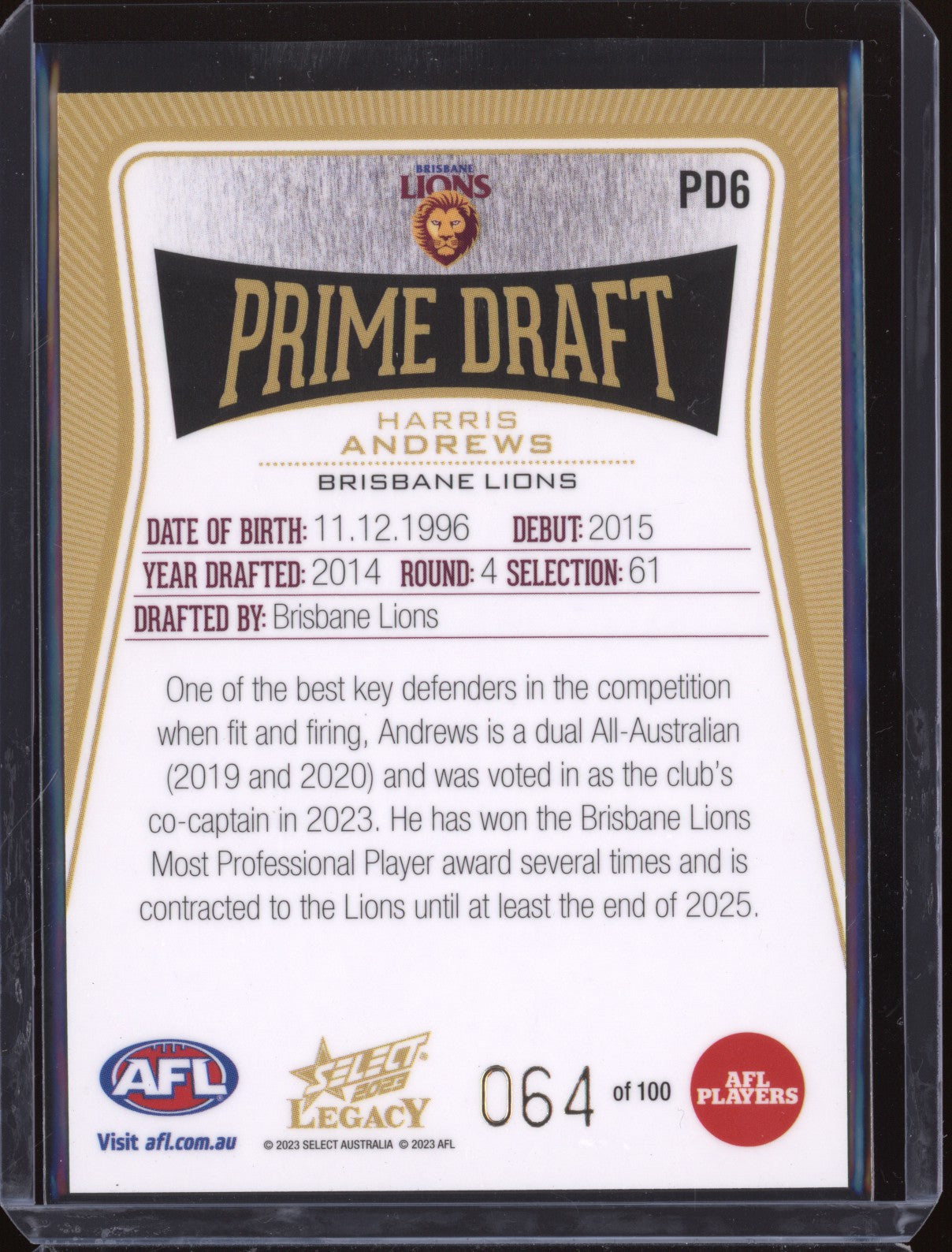 Harris Andrews 2023 Select Legacy AFL PD6 Prime Draft 64/100