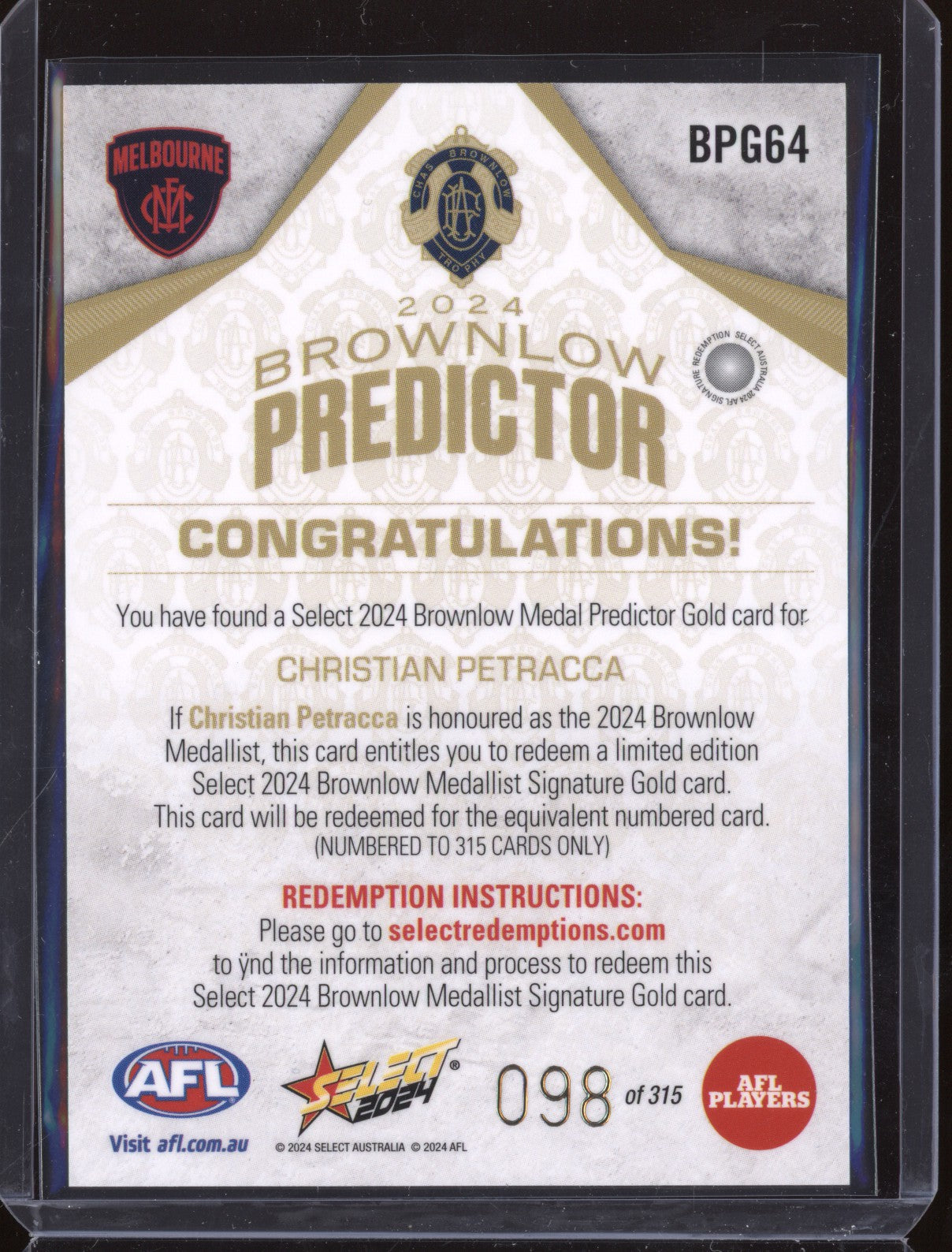 Christian Petracca 2024 Select Footy Stars BPG64 Brownlow Predictor Gold 98/315