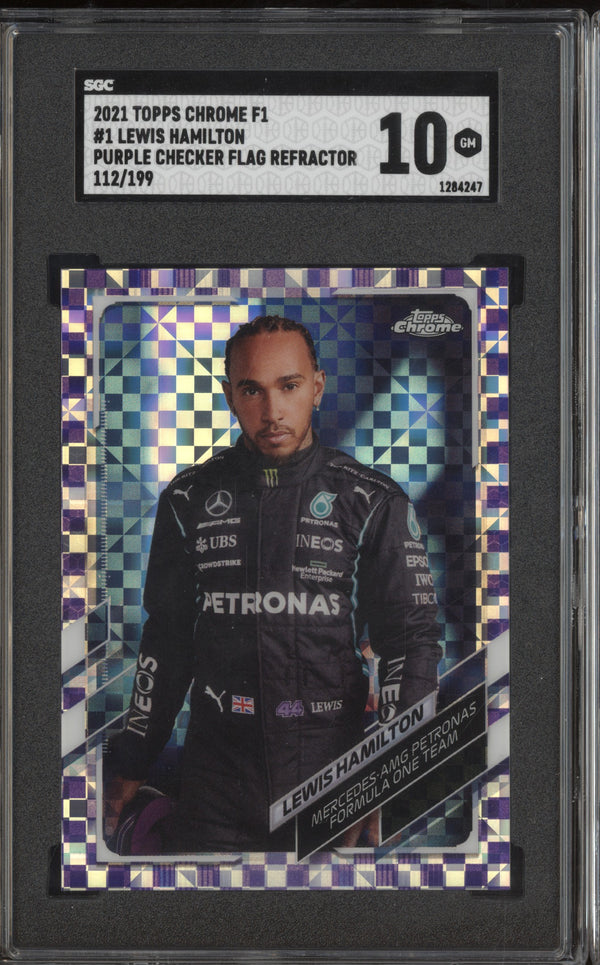 Lewis Hamilton 2021 Topps Chrome Formula One 1 Purple Checker Flag 112/199 SGC 10